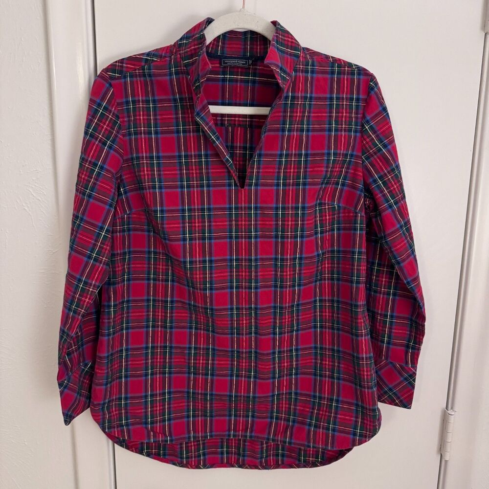 Womens Vineyard Vines Blythe Tunic Size S EUC Yuletide Tartan Red 94% Cotton